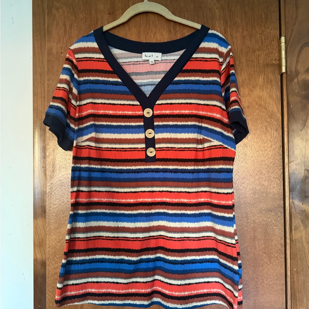 Striped V-Neck Button Top